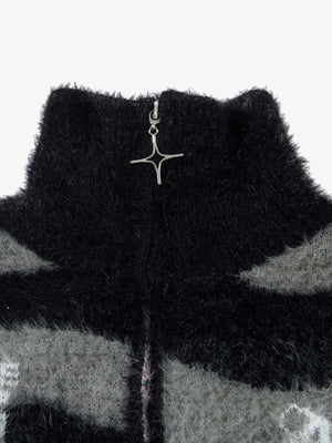 Fuzzy Wavy Stripe Half Zip Sweater – collar and star zip pull close-up | XoKool
