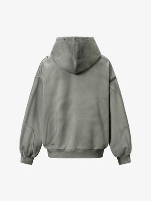 Street Washed Distressed Stitching Rivet Hooded Jacket - thumbnail 3