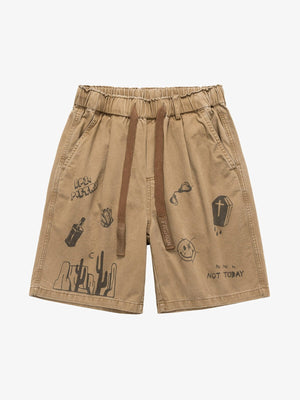 Doodle Graphic Shorts with Drawstring Waist – Tan, front view | XoKool
