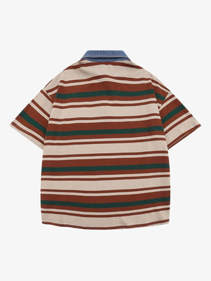 Braun gestreiftes Strick-Poloshirt mit Denim-Kragen – Rückansicht | XoKool
