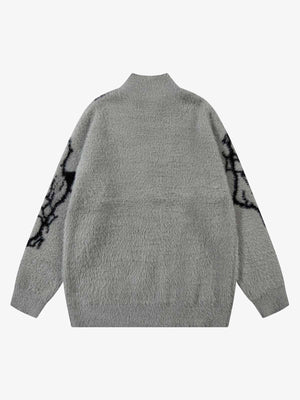 Fuzzy Lightning Jacquard Zip Up Sweater – Grey, back view | XoKool