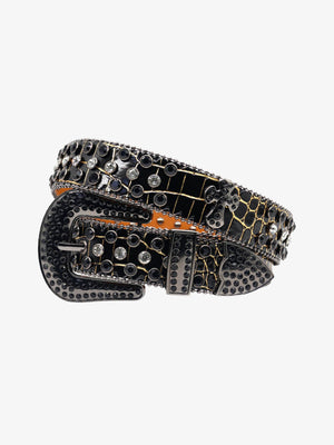 Schwarzer Strassgürtel mit Croc-Optik-Riemen – Schwarz Gold, aufgerollter Gürtel Seitenansicht | XoKool