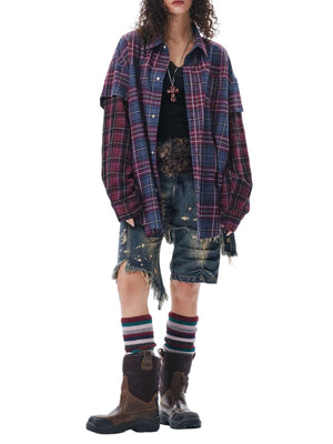 Retro Faux Two-Piece Plaid Shirt - thumbnail 3
