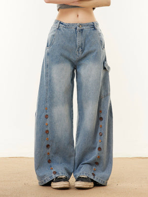 Barrel Jeans with Button Rows Down the Leg – Light blue on model, front | XoKool
