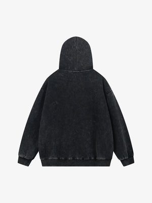 Acid Wash Flame Hoodie with Distressed Text – Washed Black, back view | XoKool