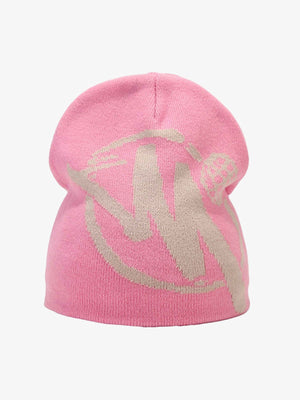 Zweifarbige Jacquard Totenkopf Beanie mit Kreis-Emblem – Rosa/Beige, Vorderansicht | XoKool