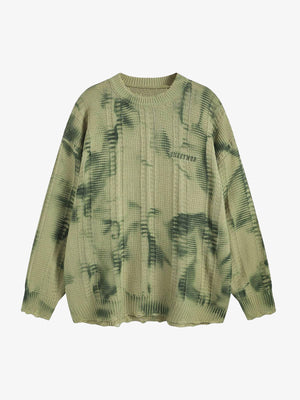 Suéter de punto trenzado desgastado con efecto tie dye – Verde salvia, vista frontal | XoKool