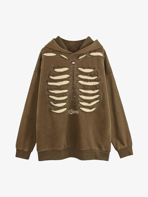 Washed Brown Skeleton Hoodie with Rib Cage Applique – Brown, front view | XoKool