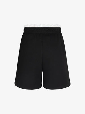 Shorts deportivos con doble cintura y volantes – negro, vista trasera plana | XoKool