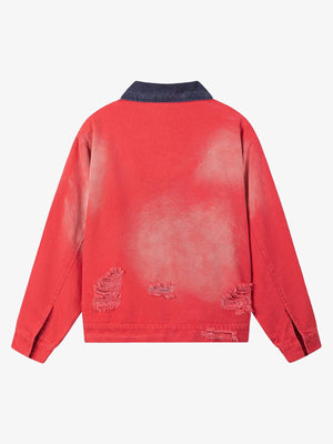 Vintage Washed Work Jacket with Contrast Collar – Red, back view | XoKool