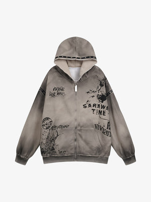 Hoodie grunge desgastado con cierre y cinta de ojales – Verde oliva grisáceo, vista frontal | XoKool