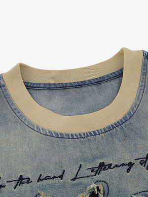 Faded Denim T-Shirt with Frayed Applique Letters – neck rib close-up | XoKool