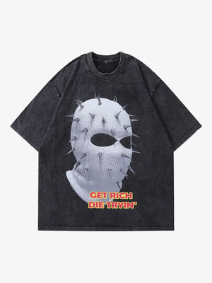 Acid Wash T-Shirt mit Spiked Ski Mask – Washed Black, Vorderseite, Skimasken-Print | XoKool