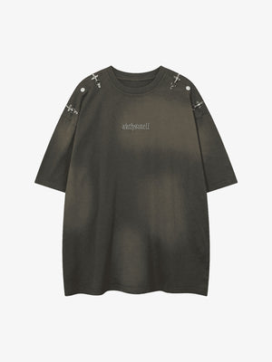 Washed Punk T-Shirt mit Nieten an den Schultern – Washed Olivgrau, Vorderansicht | XoKool