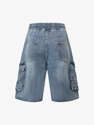 Denim Cargo Shorts mit Tunnelzug und Seitenstreifen – Blau, Rückansicht | XoKool