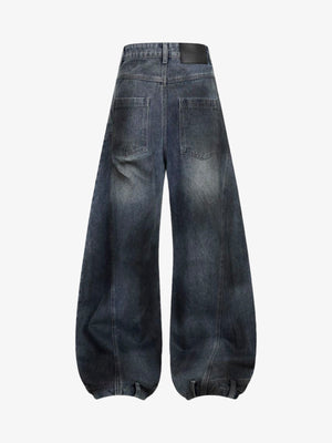 Ripped Balloon Barrel Jeans mit Umschlagsaum – Dunkelblau, Rückseite flach | XoKool