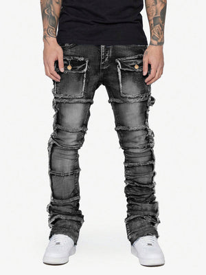 Stacked Flare Jeans with Frayed Patch Panels – Black, on model front | XoKool