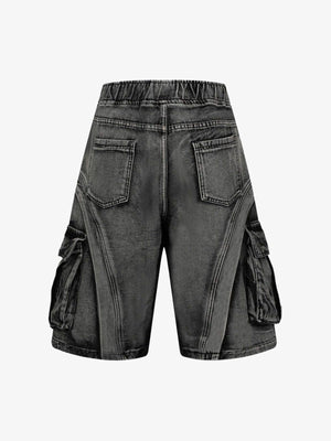 Washed Black Denim Cargo Shorts with Panel Seams – back view | XoKool