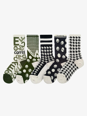 Smiley Face Crew Socks in Black or Houndstooth Green – group side view | XoKool