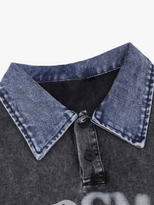 Distressed Embroidered Denim Collar Polo Shirt - thumbnail 3