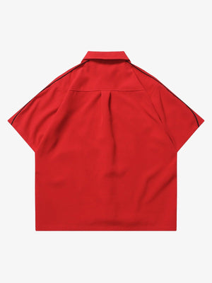 Short Sleeve Zip Up Shirt with Star Panel – Red, back flat lay | XoKool