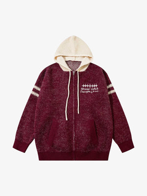 Flauschiger Strick Zip Hoodie mit Angel Wings – Bordeaux, Vorderansicht | XoKool