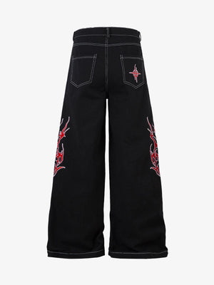 Black Baggy Jeans with Red Flame Embroidery – Back flat | XoKool