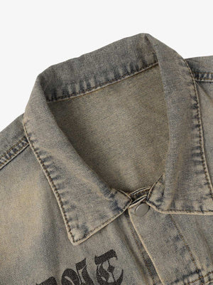 Washed Vintage Letter Print Denim Jacket - thumbnail 3