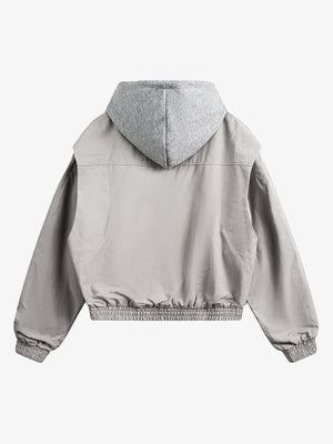 Cropped Hooded Bomber Jacket with Layered Look – Light Grey, back flat | XoKool