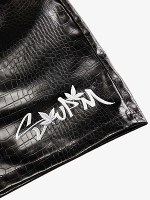 Letter Embroidered Leather Shorts - thumbnail 5