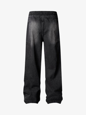 Elastic Waist Drawstring Jeans with Curved Panels – Black, back | XoKool