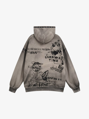 Hoodie grunge desgastado con cierre y cinta de ojales – Verde oliva grisáceo, vista trasera | XoKool