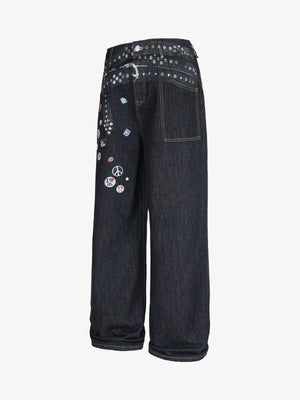 Wide Leg Graphic Jeans with Printed Belt Design – Dark, side | XoKool