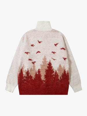 Fuzzy Forest and Bird Strick Zip Pullover – Creme Rot, Rückansicht | XoKool