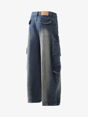 Jeans barrel cargo estilo workwear en lavado oscuro – espalda de lado | XoKool