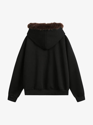 Fur trim zip up hoodie – Black with Brown Fur, back view | XoKool