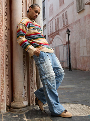 Fuzzy Multicolor Striped Letter Sweater – on model, street full body | XoKool