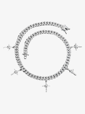 Iced Cuban Link Choker with Cross Charms – Silver, flat lay | XoKool