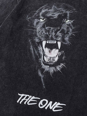 Roaring Panther T-Shirt in Washed Black – Panther-Print in der Nahaufnahme | XoKool