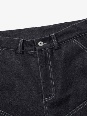 Black Wide Leg Cargo Jeans with Tiered Pleats – waist and button close-up | XoKool