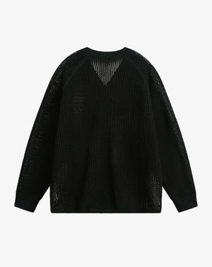 Vintage Ripped Long Sleeve Knitted Jersey V-Neck Sweater - thumbnail 4