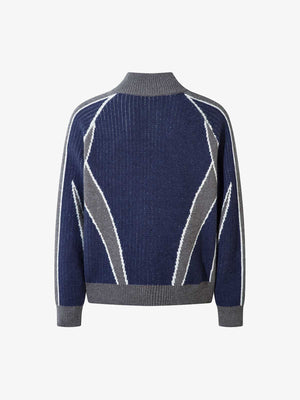 Retro Color Block Zip Strickjacke – Navy, Rückansicht | XoKool