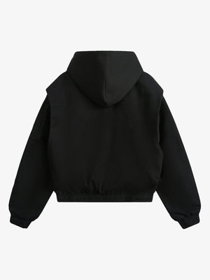 Cropped Hooded Bomber Jacket with Layered Look – Black, back flat | XoKool