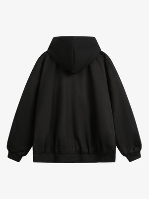 Layered Hooded Bomber Jacket with Zip Pockets – Black, back view | XoKool
