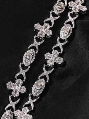 Iced Evil Eye and Cross Link Bracelet – Links close-up on black | XoKool