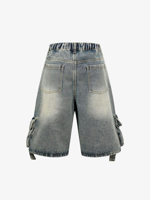 Denim Cargo Shorts with Hem Straps – Light Blue, back view | XoKool