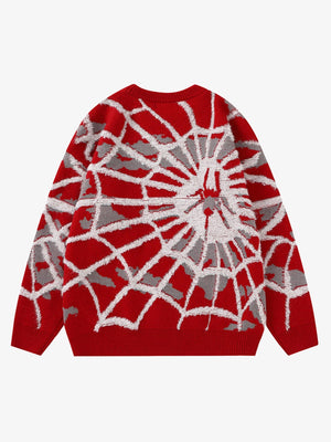 Spider Web Jacquard Knit Sweater – Red, back view | XoKool