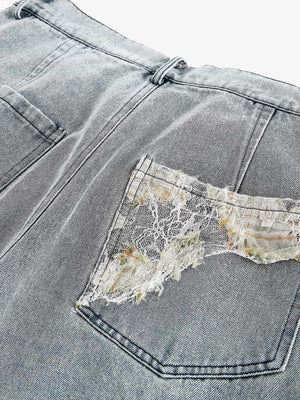Light Wash Straight Jeans with Lace Patches – back pocket lace patch | XoKool