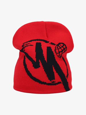 Zweifarbige Jacquard Totenkopf Beanie mit Kreis-Emblem – Rot/Schwarz, Vorderansicht | XoKool