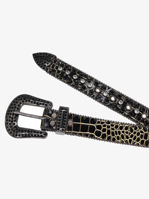Schwarzer Strassgürtel mit Croc-Optik-Riemen – Schwarz Gold, Schnalle und Riemen Nahaufnahme | XoKool